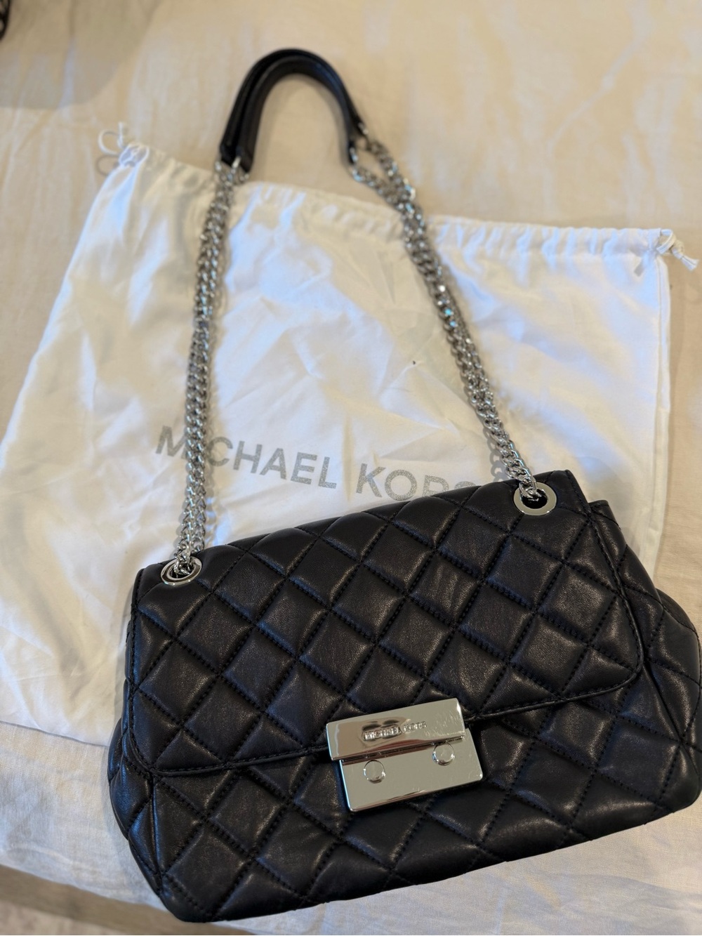Michael Kors Black Quilted Leather Shoulder Bag with Silver Chain